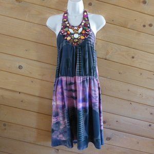 Meghan LA Rhinestone Tie Dye Exposed Back Halter Party Cocktail Dress Hippie